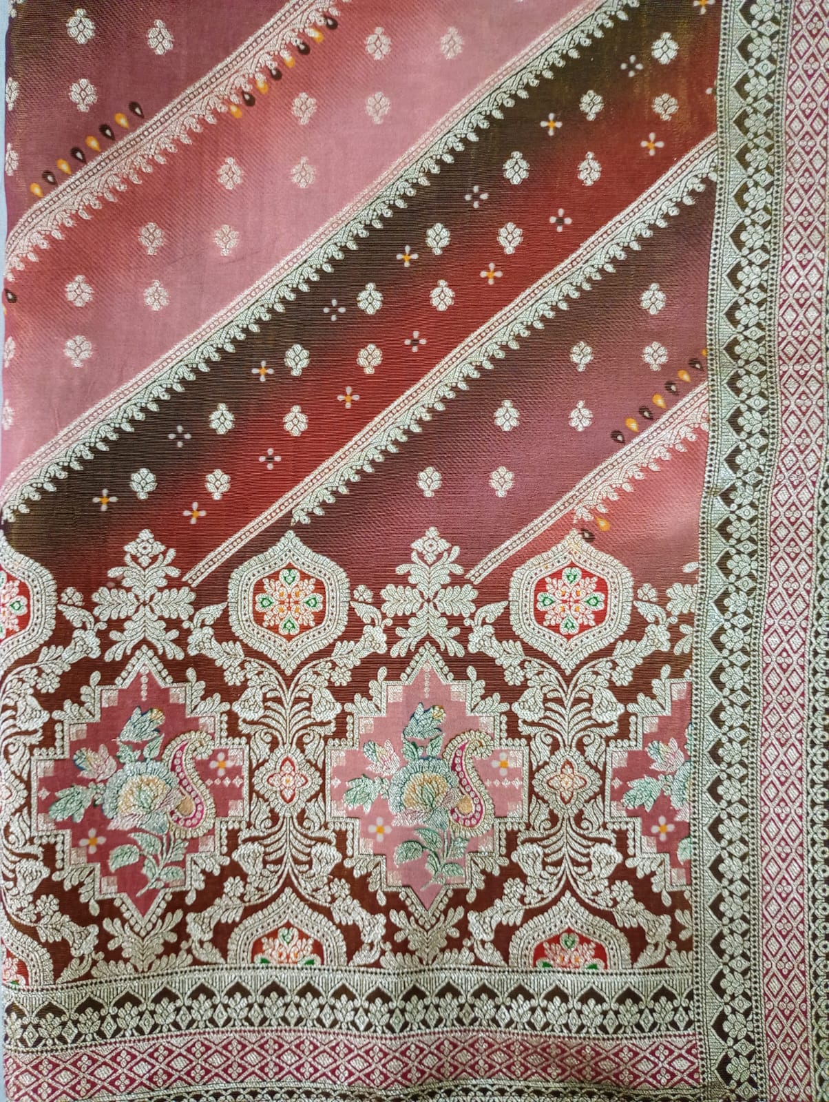 Tissue Position Print Dupatta in Rose Gold and Mahroon