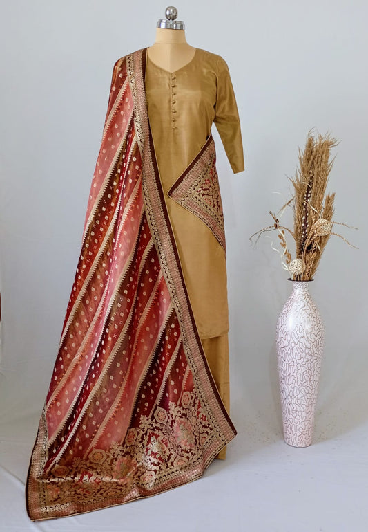 Tissue Position Print Dupatta in Rose Gold and Mahroon