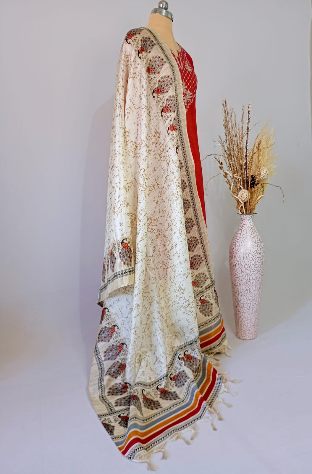 Silk Cream Dupatta with Red peacock border