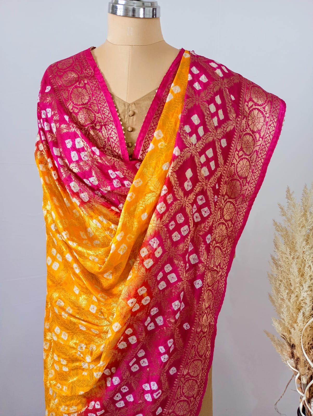 Pure Silk Gharchola Dupatta in Yellow and Pink