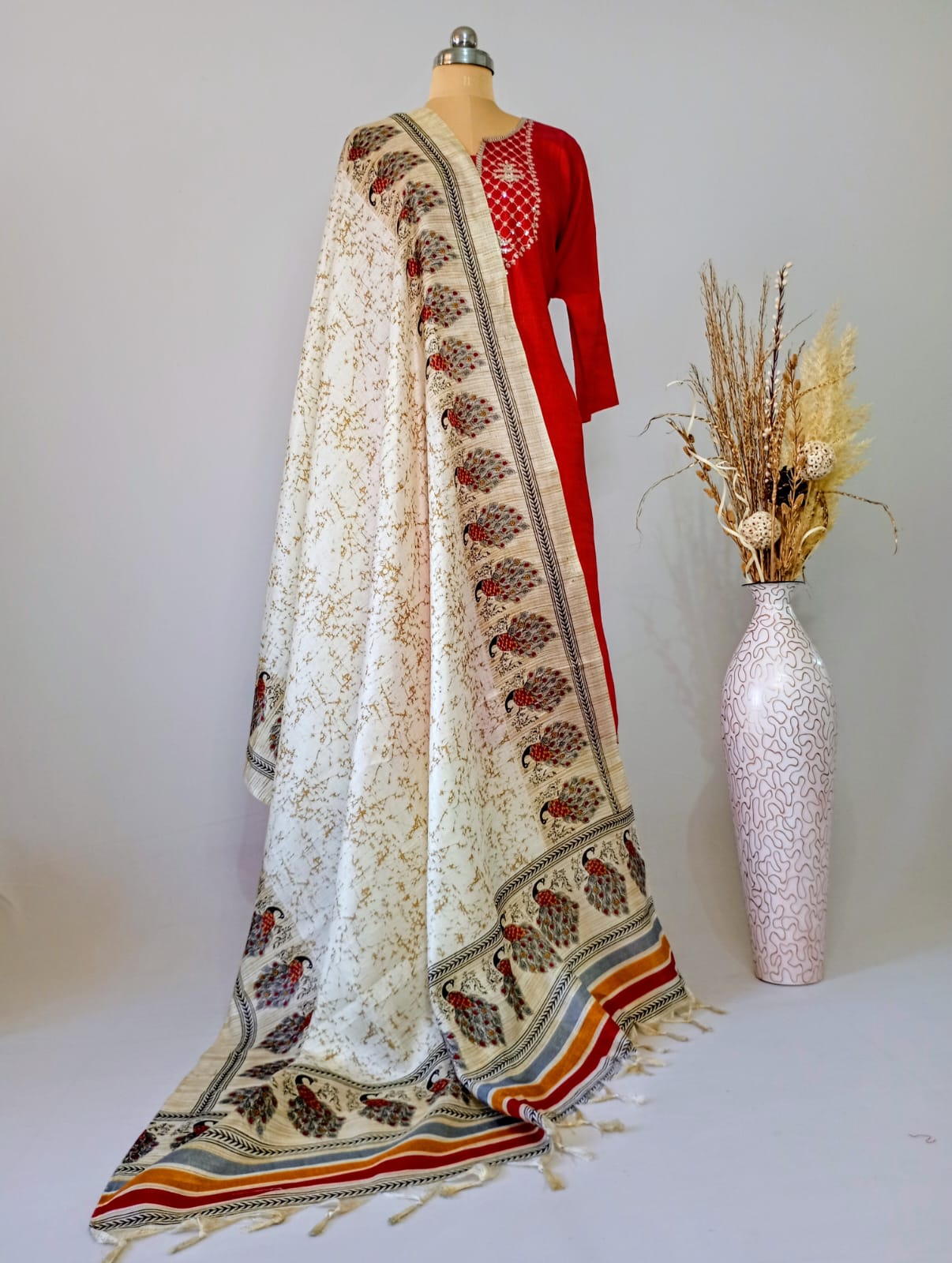 Silk Cream Dupatta with Red peacock border