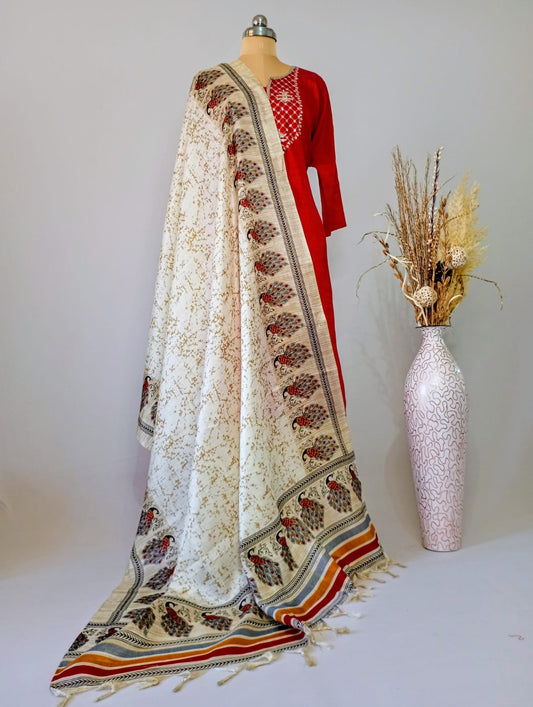Silk Cream Dupatta with Red peacock border