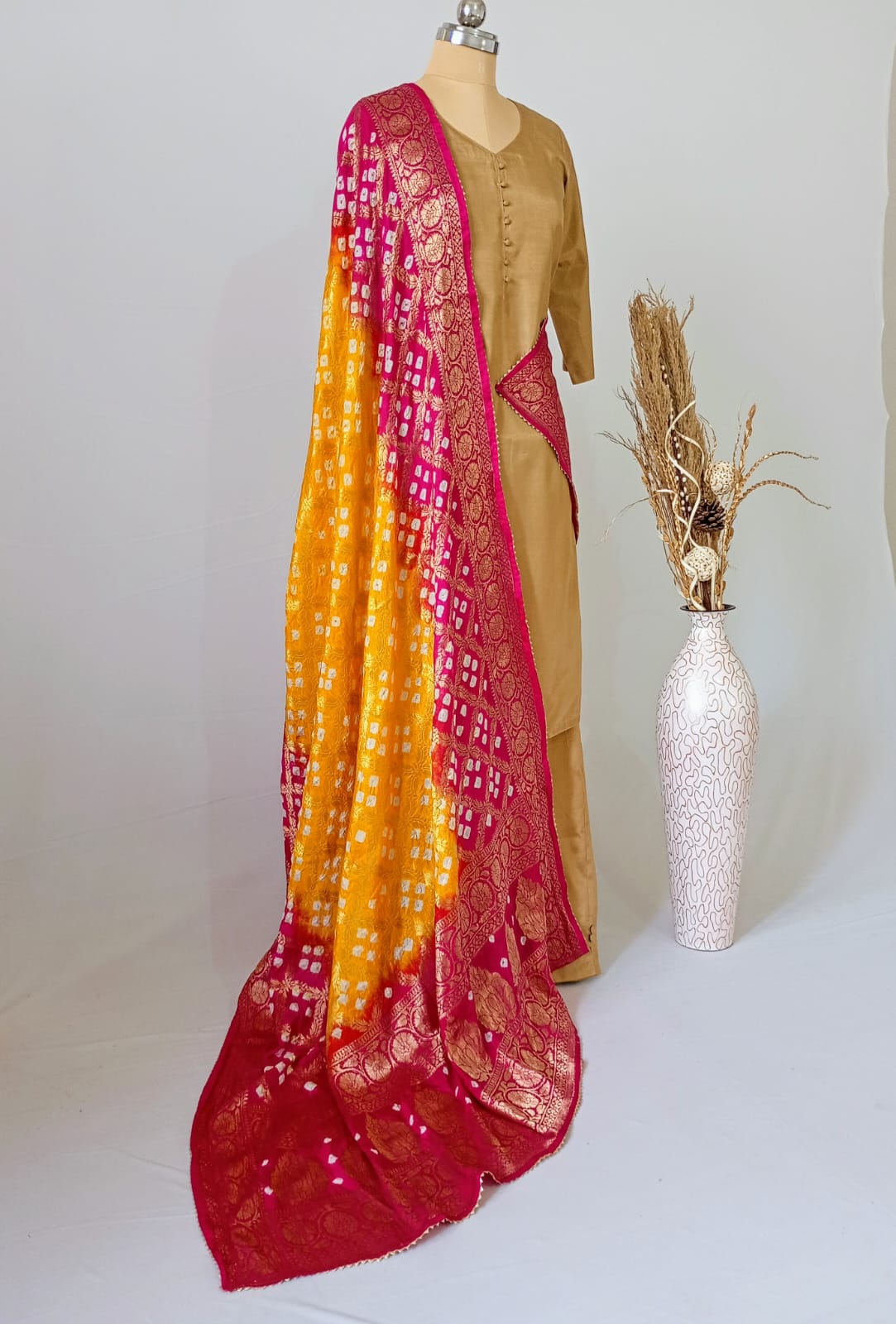 Pure Silk Gharchola Dupatta in Yellow and Pink