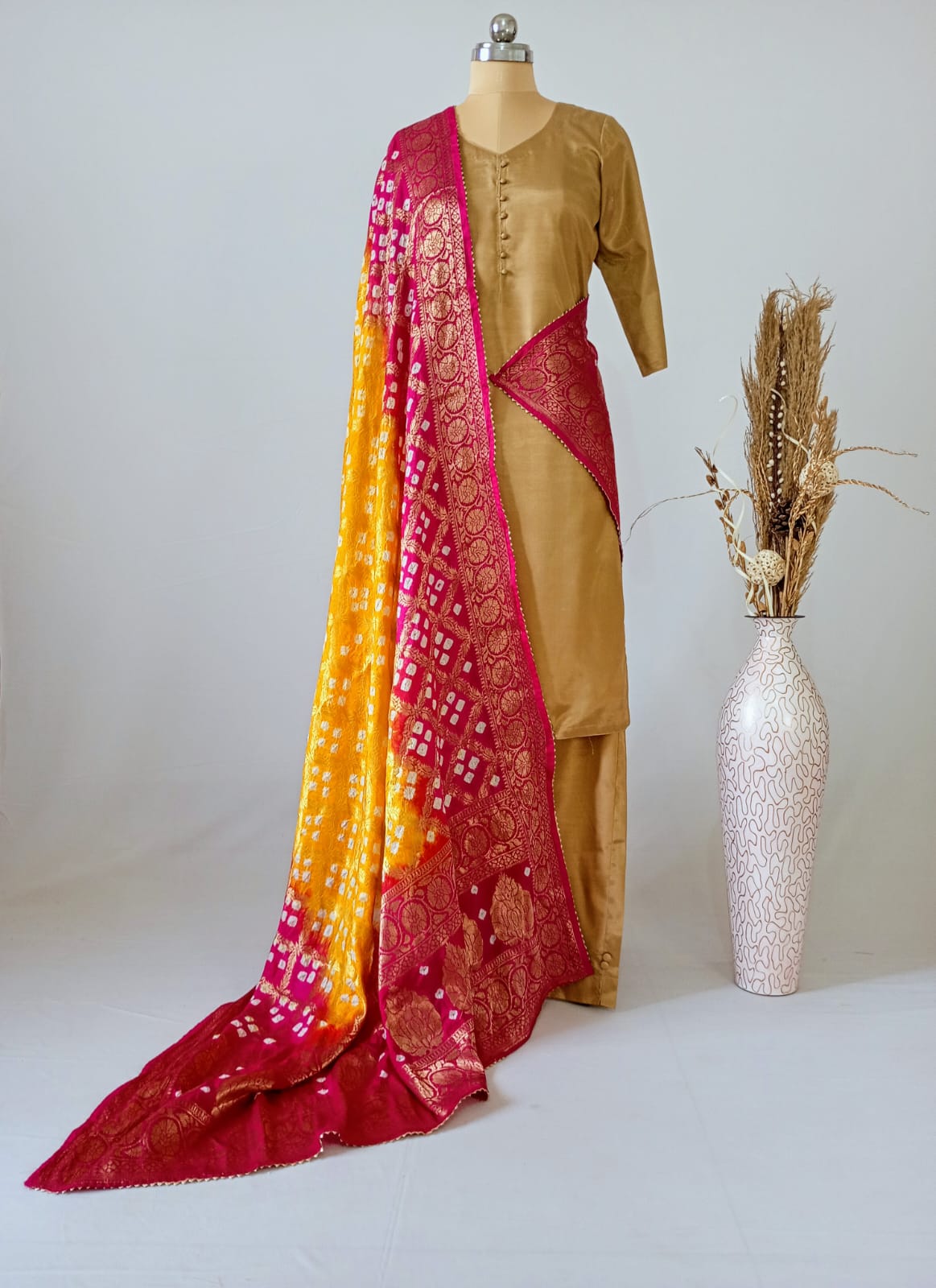 Pure Silk Gharchola Dupatta in Yellow and Pink