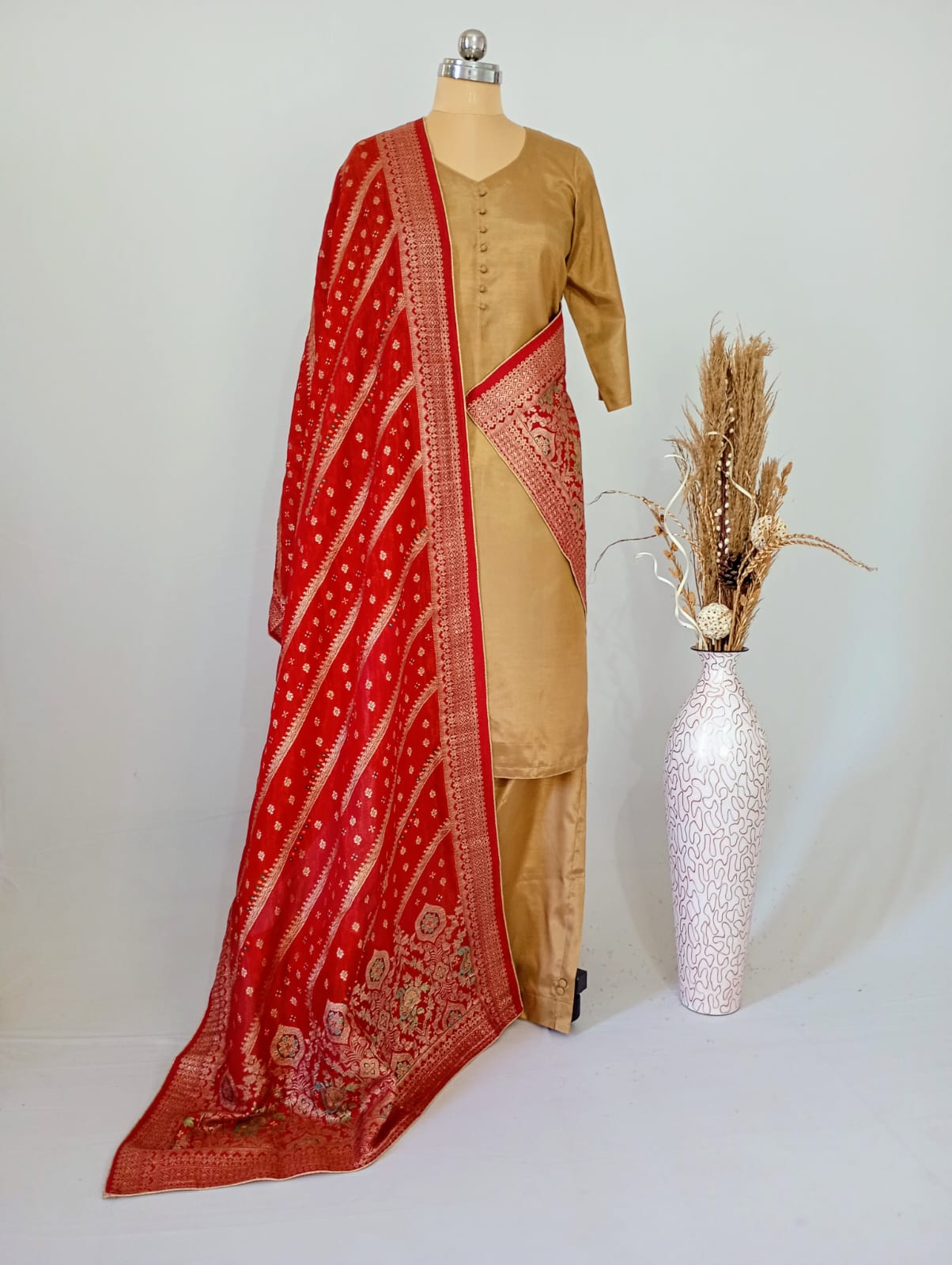 Tissue Solid Red Position Print Dupatta