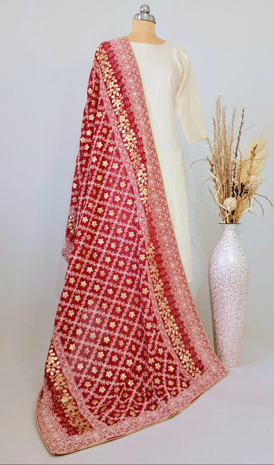 Nazaqat Georgette Crimson Red Lakhnavi Gota work Dupatta