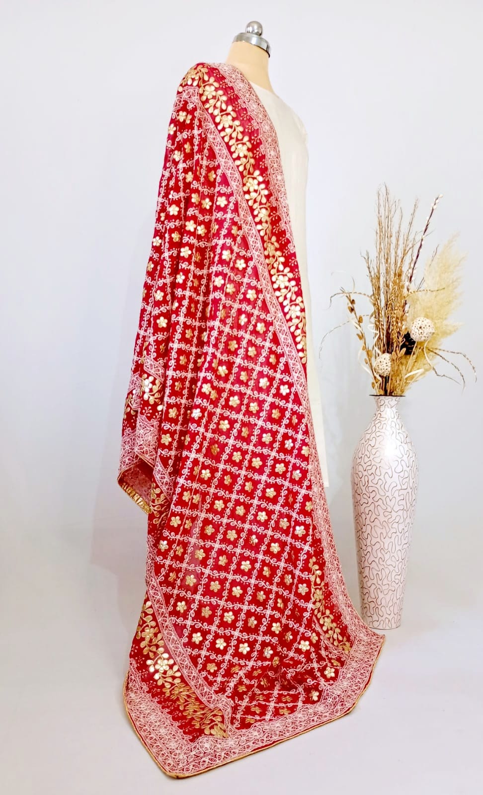 Nazaqat Georgette Crimson Red Lakhnavi Gota work Dupatta