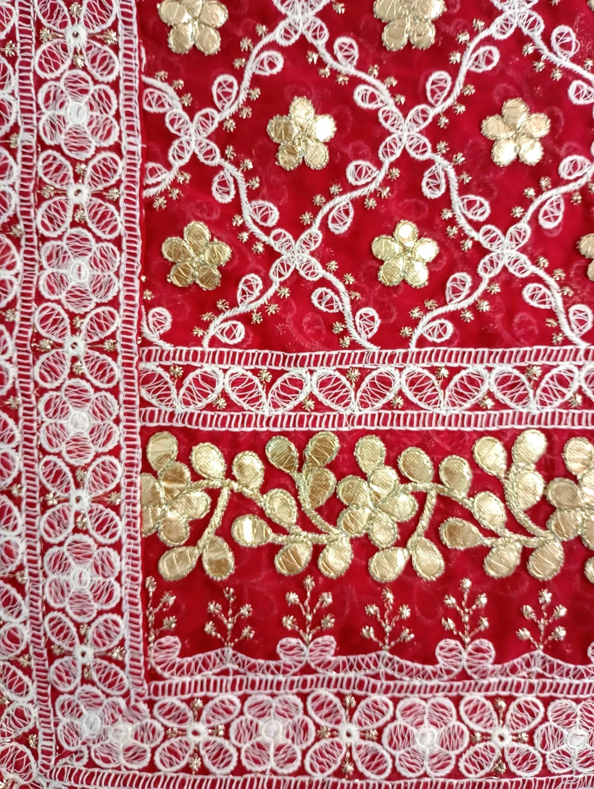 Nazaqat Georgette Crimson Red Lakhnavi Gota work Dupatta