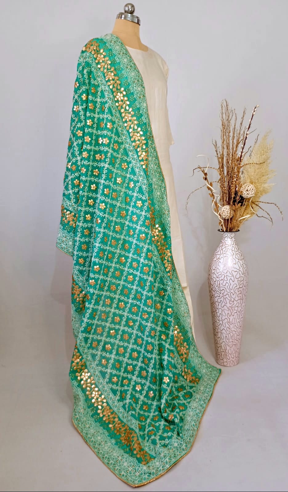 Nazaqat Georgette Sea Green Lakhnavi Gota work Dupatta