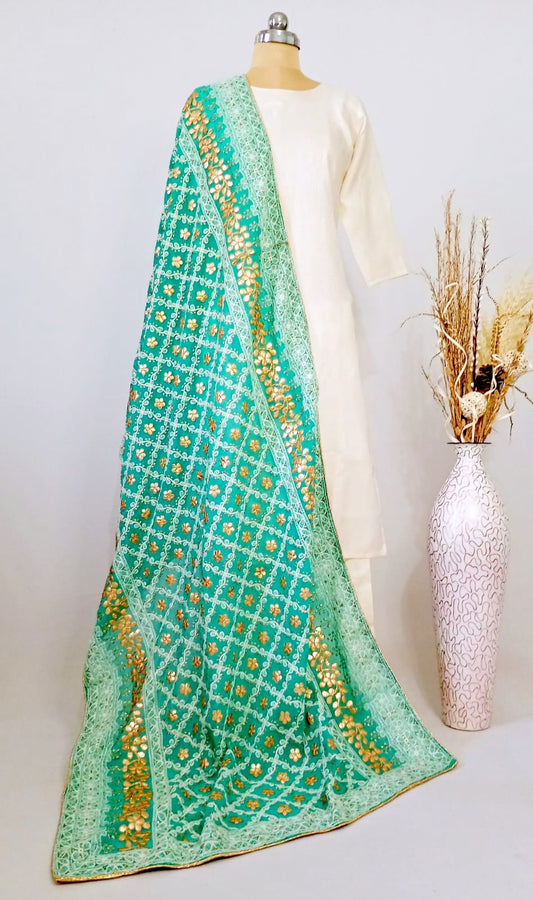Nazaqat Georgette Sea Green Lakhnavi Gota work Dupatta