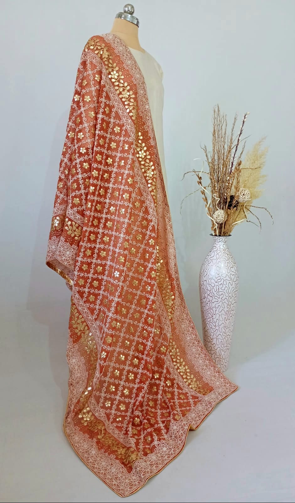 Nazaqat Georgette muted Red Lakhnavi Gota work Dupatta