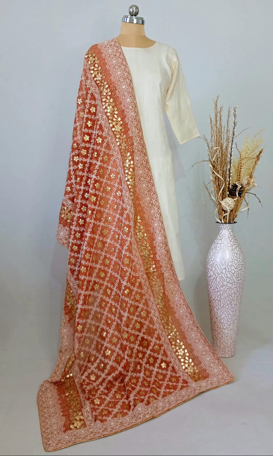 Nazaqat Georgette muted Red Lakhnavi Gota work Dupatta