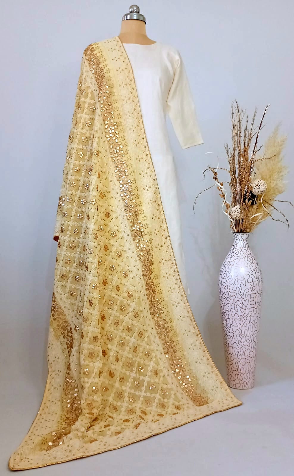 Nazaqat Georgette Corn Yellow Lakhnavi Gota work Dupatta