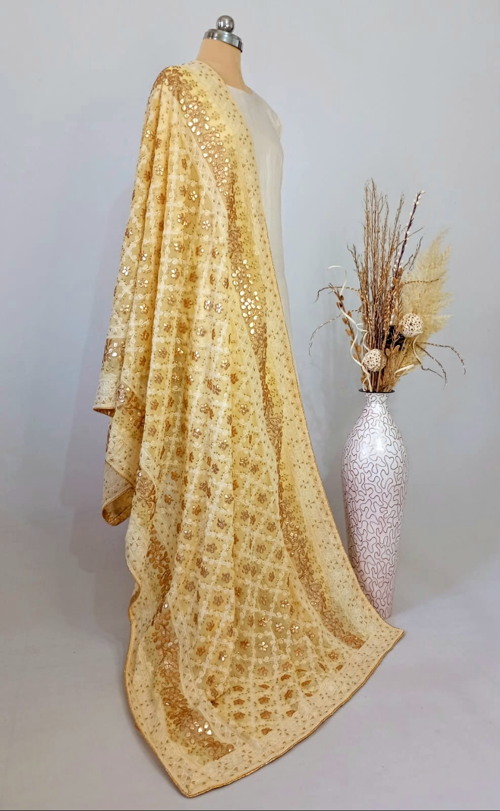 Nazaqat Georgette Corn Yellow Lakhnavi Gota work Dupatta