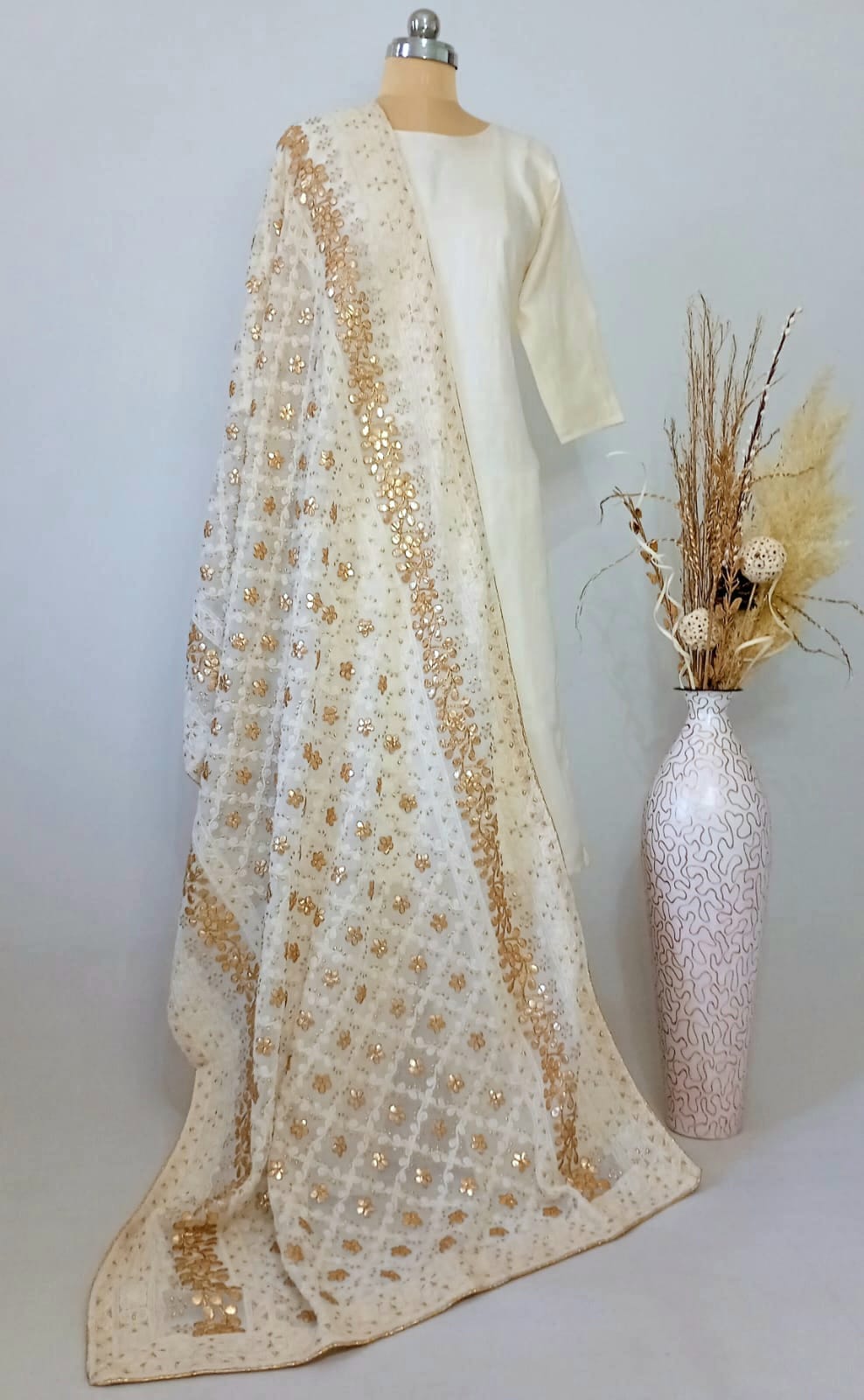 Nazaqat Georgette Off-White Lakhnavi Gota work Dupatta