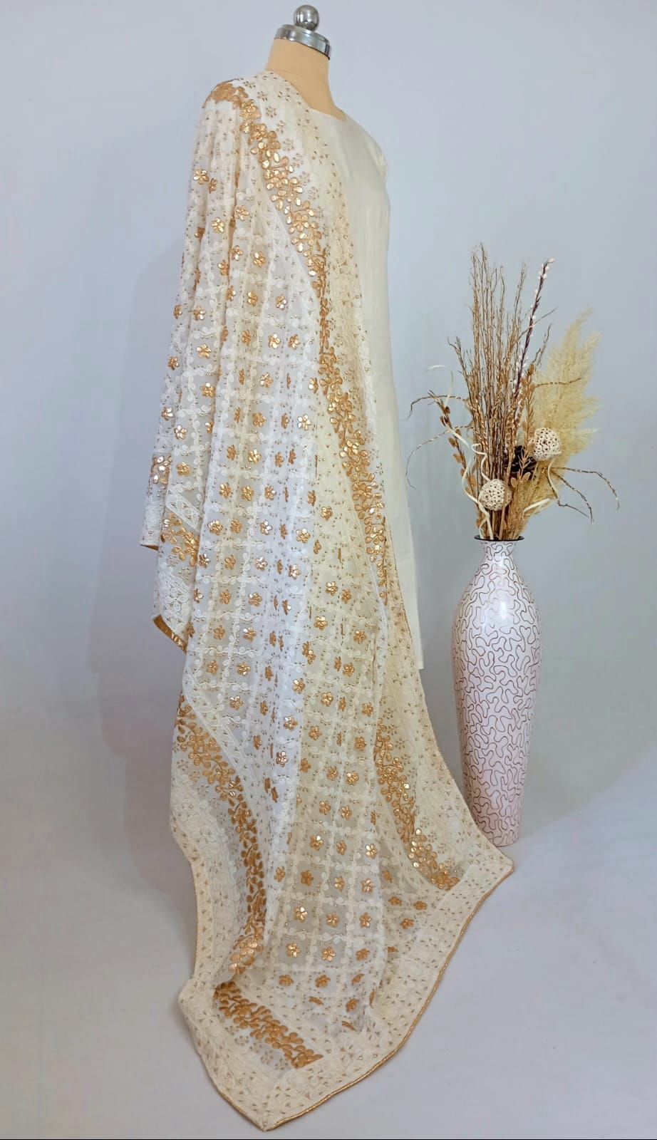 Nazaqat Georgette Off-White Lakhnavi Gota work Dupatta