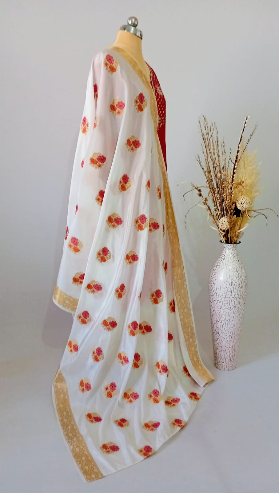 White Art Silk Buti design Dupatta with border