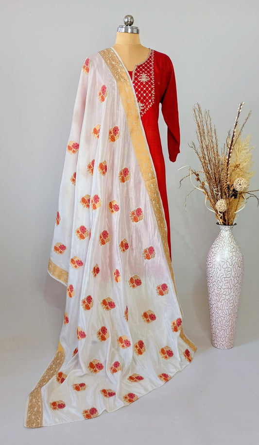 White Art Silk Buti design Dupatta with border