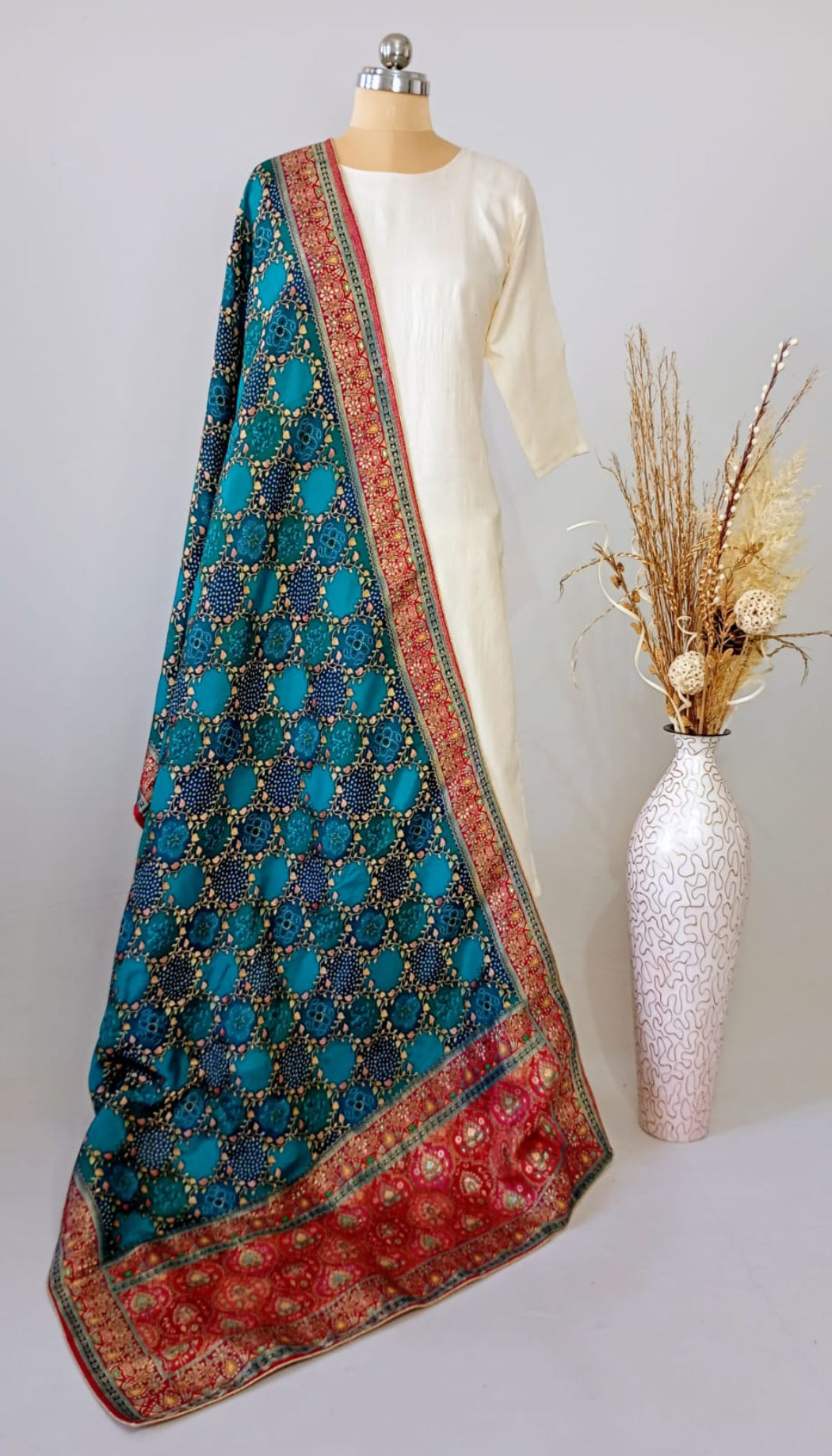 Viscose Dola Silk Position Print dupatta in Teal Blue