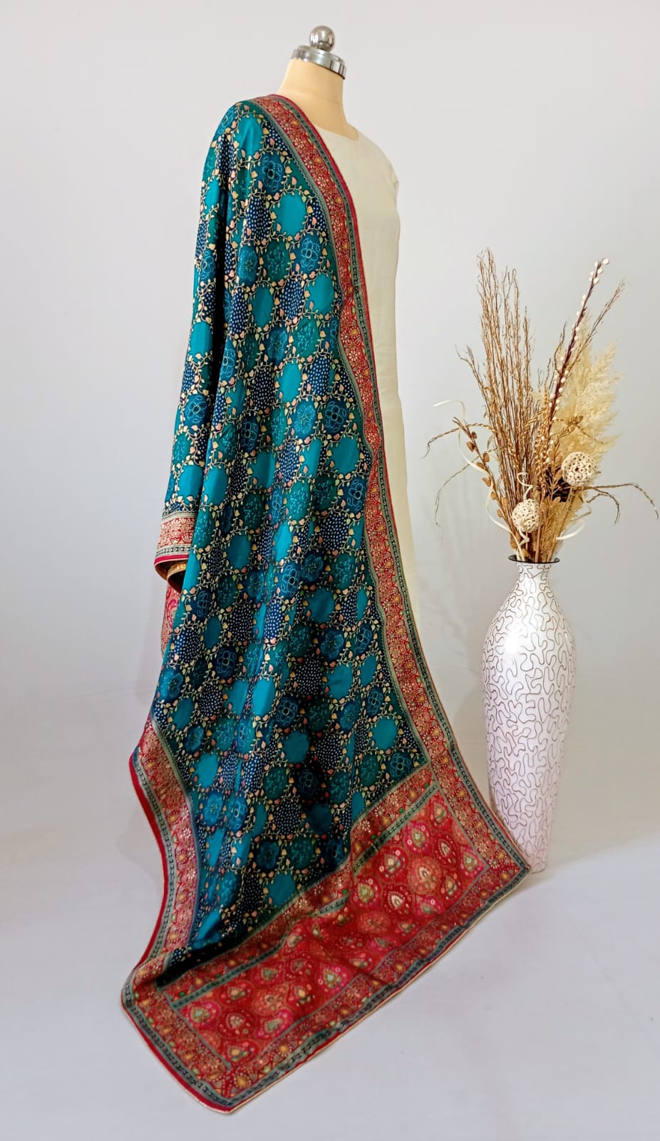 Viscose Dola Silk Position Print dupatta in Teal Blue