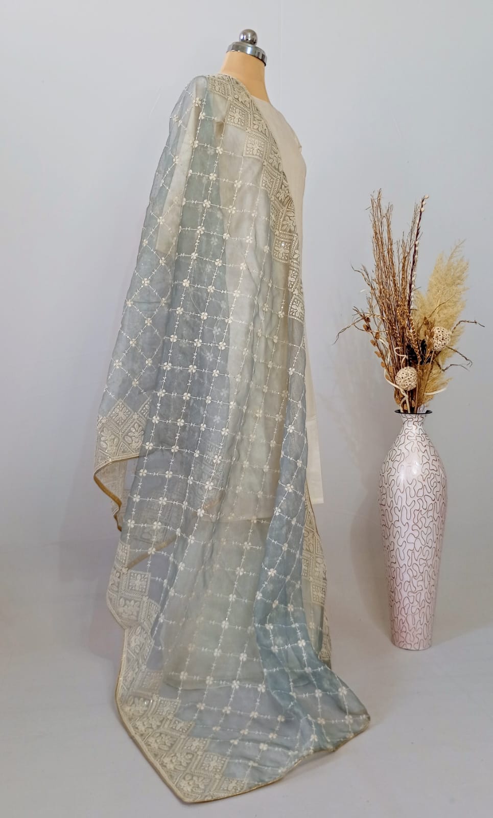 Tissue Grey Dupatta in Lakhnavi work