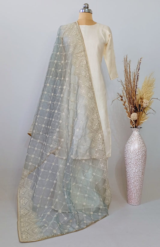Tissue Grey Dupatta in Lakhnavi work