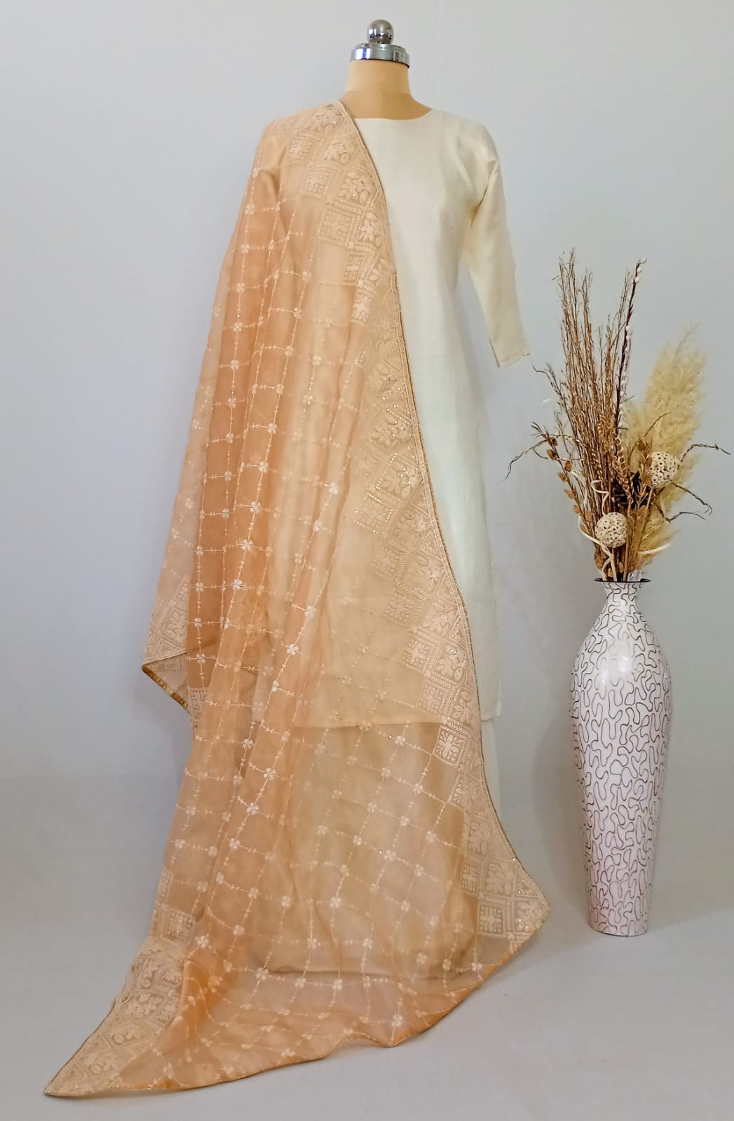 Tissue Fawn dupatta in Lakhnavi work
