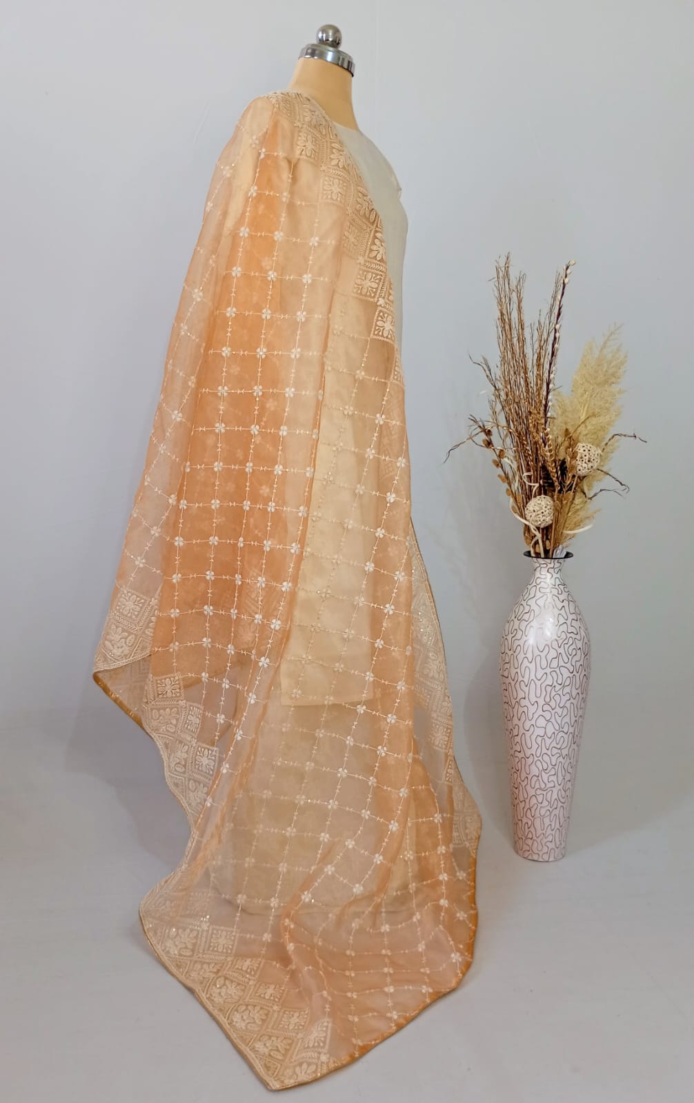 Tissue Fawn dupatta in Lakhnavi work