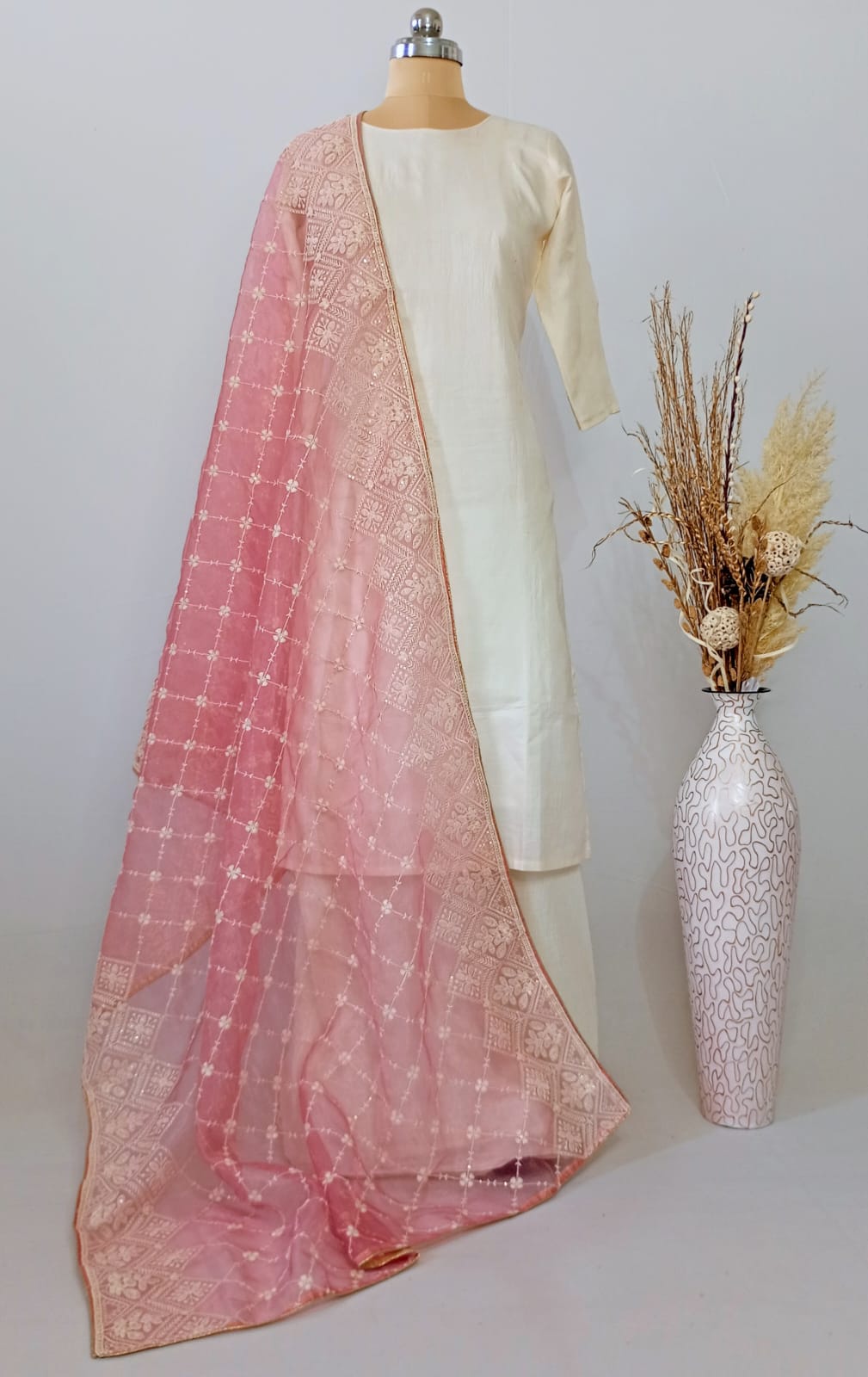 Tissue Baby Pink dupatta in Lakhnavi work