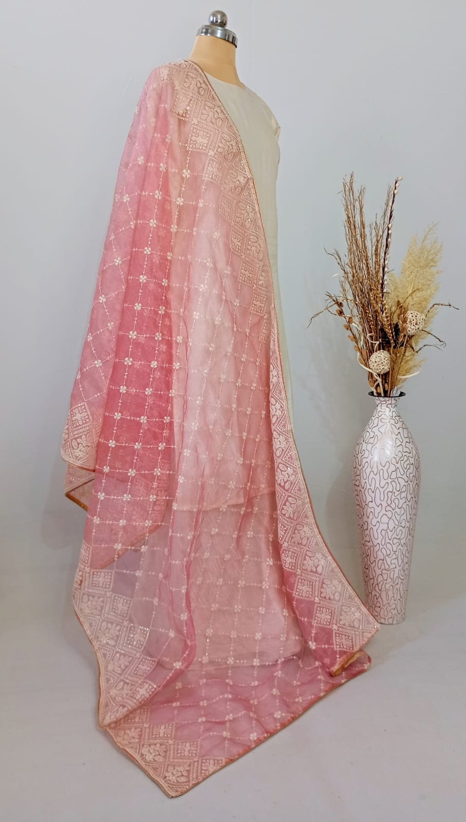 Tissue Baby Pink dupatta in Lakhnavi work