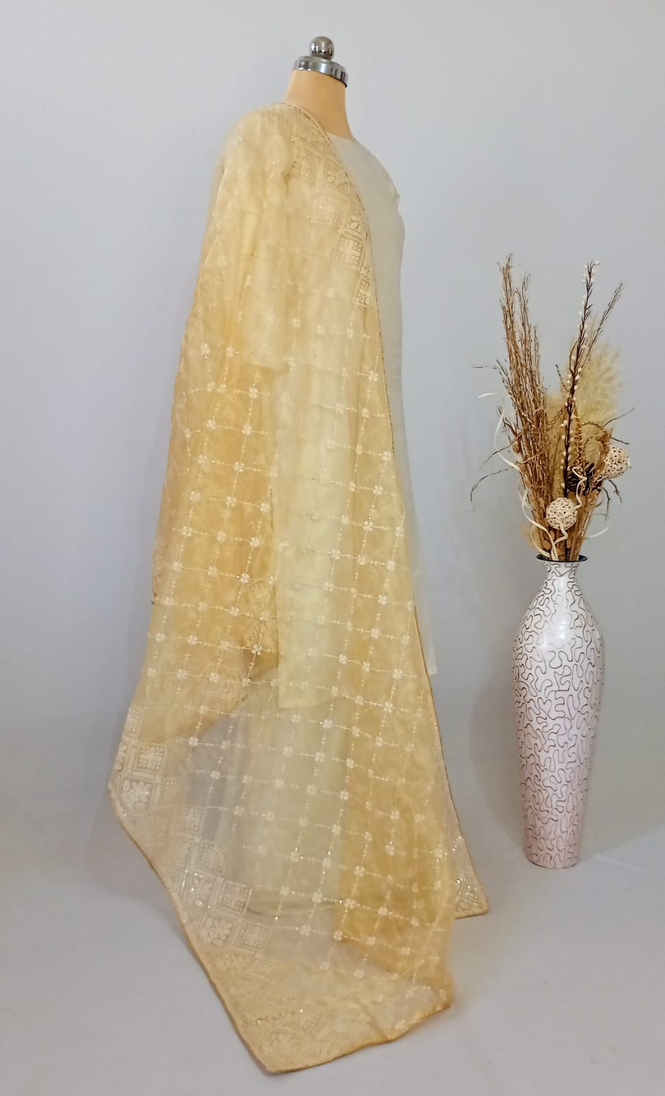 Tissue Corn Yellow Dupatta in Lakhnavi work
