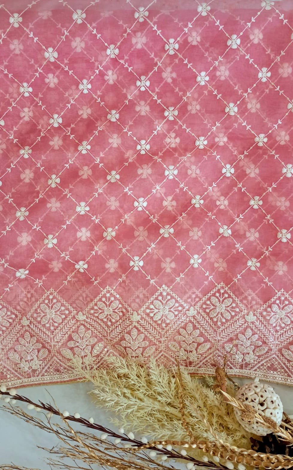Tissue Baby Pink dupatta in Lakhnavi work