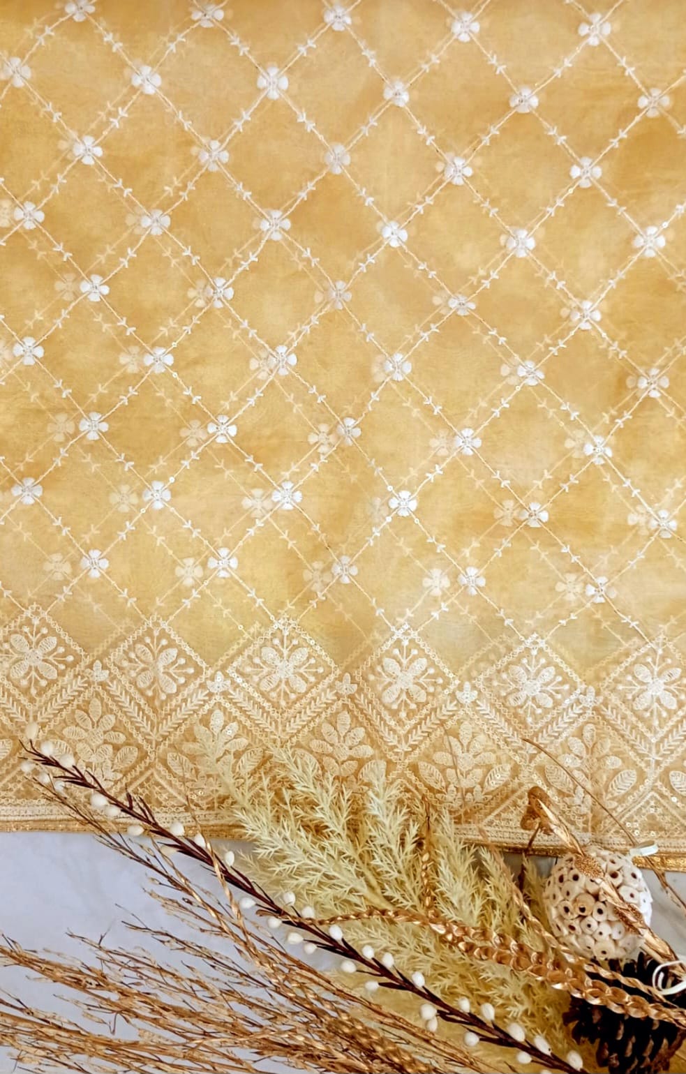Tissue Corn Yellow Dupatta in Lakhnavi work