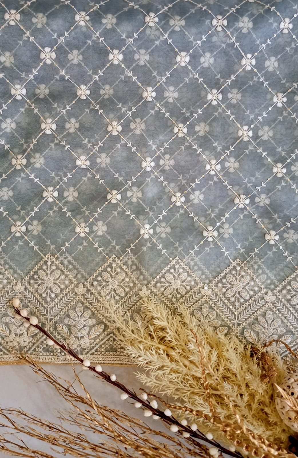 Tissue Grey Dupatta in Lakhnavi work