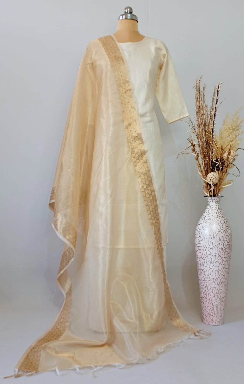 Tissue Golden plain Dupatta with Zari border