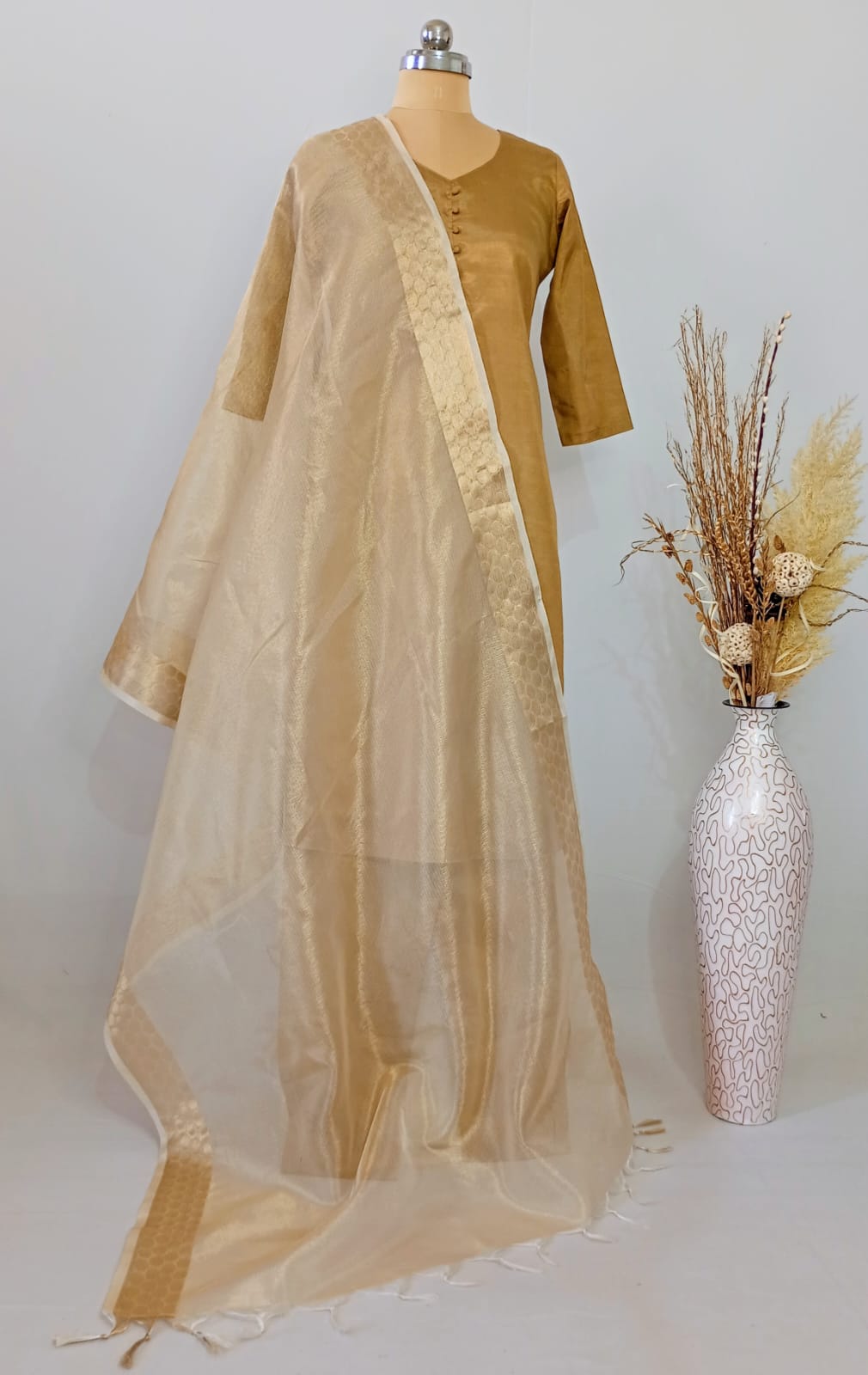 Tissue Golden plain Dupatta with Zari border
