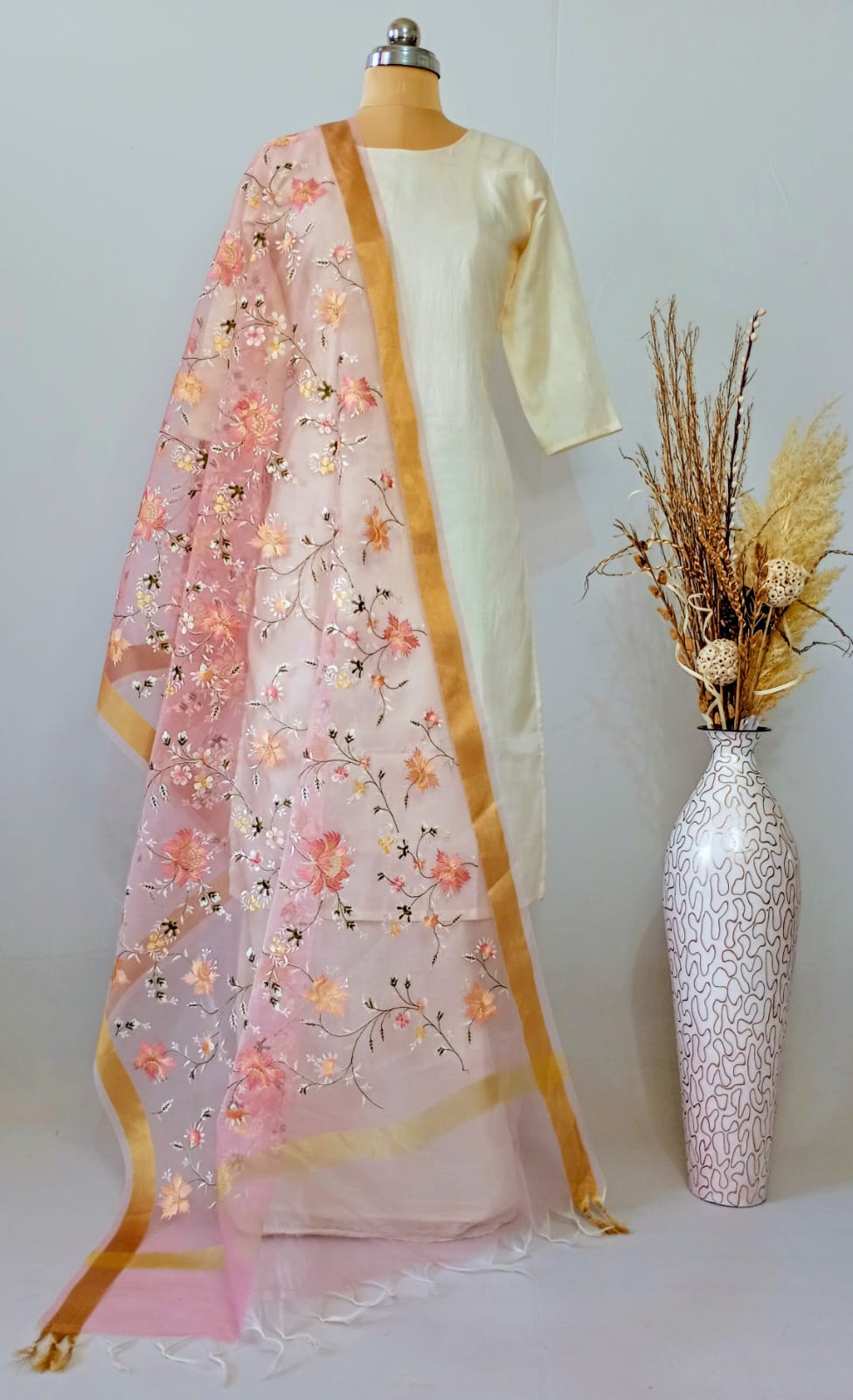 Organza Soft Pink Kashidakari Dupatta