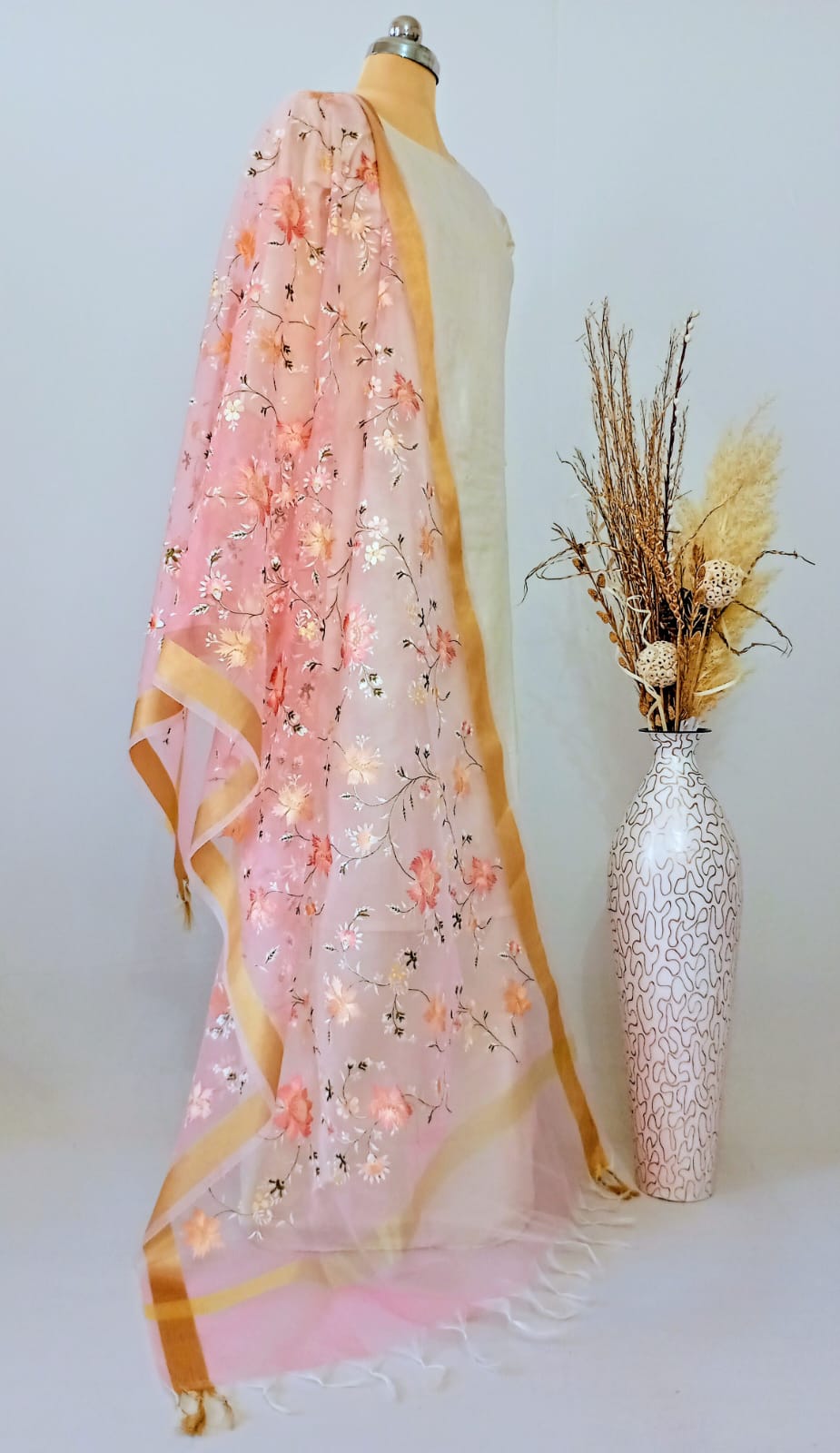 Organza Soft Pink Kashidakari Dupatta