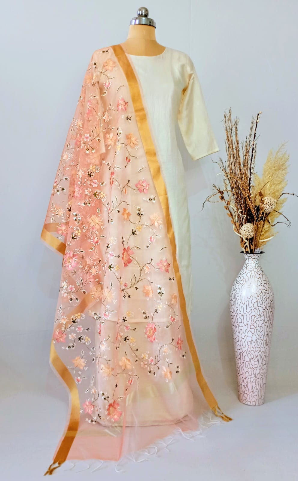 Organza Soft Fawn Kashidakari Dupatta