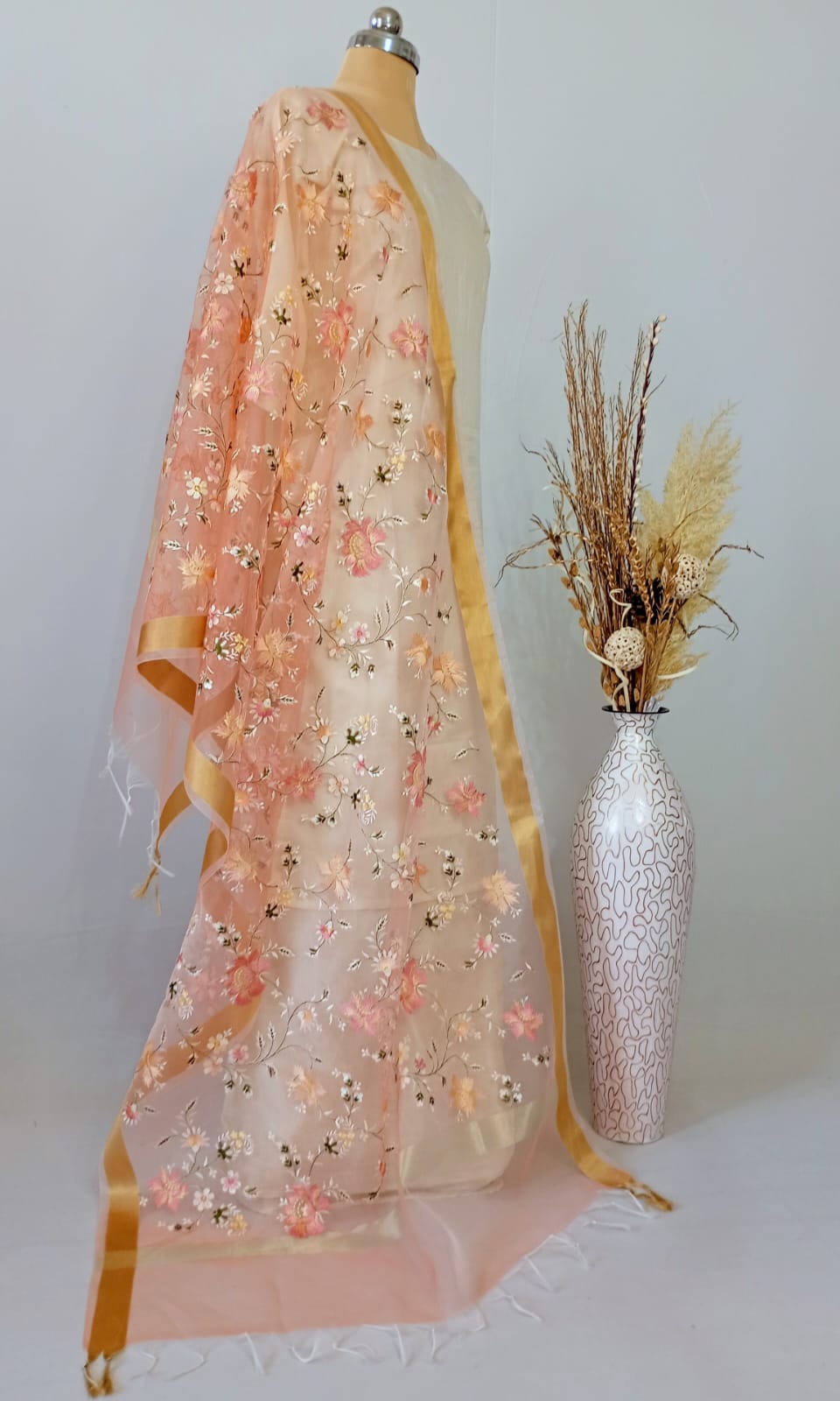 Organza Soft Fawn Kashidakari Dupatta