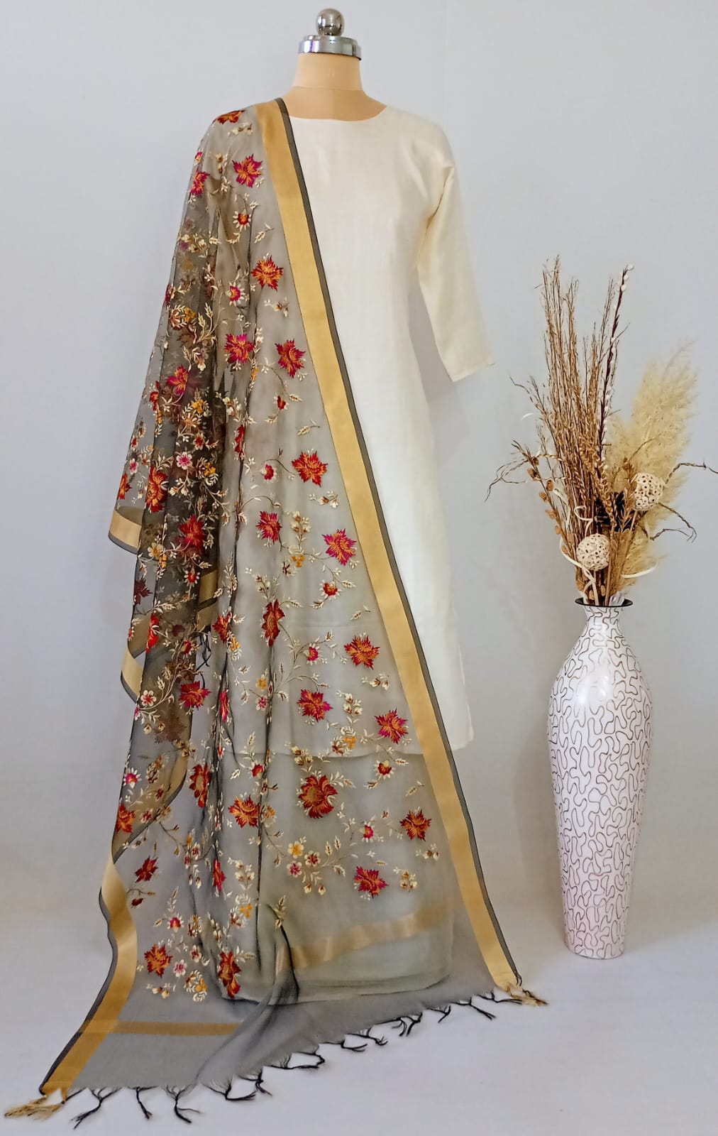 Organza Grey Kashidakari Dupatta