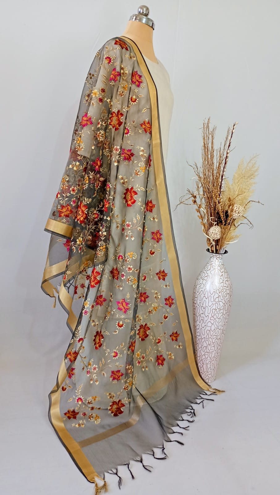 Organza Grey Kashidakari Dupatta