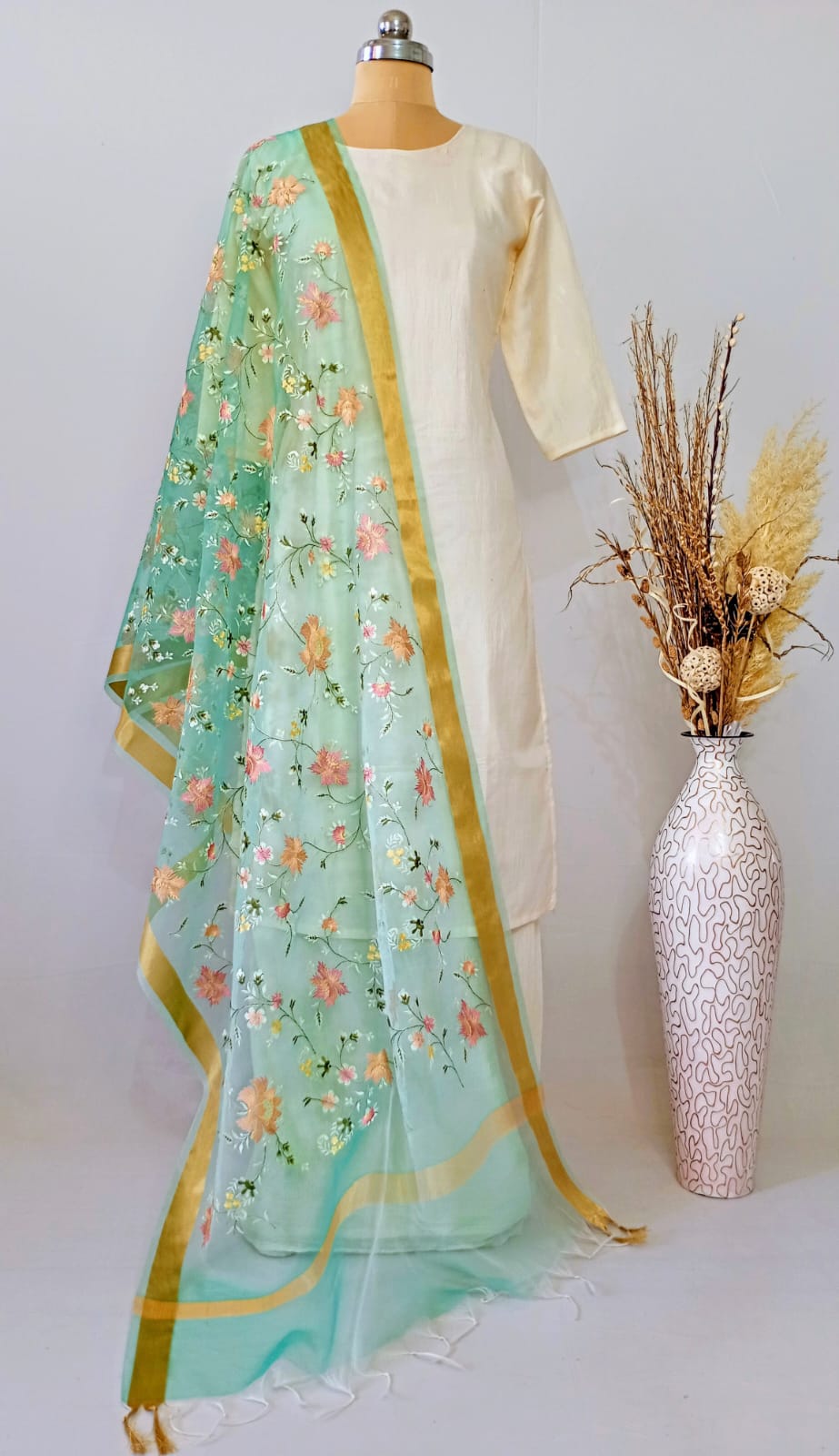 Organza Sea Green Kashidakari Ddupatta