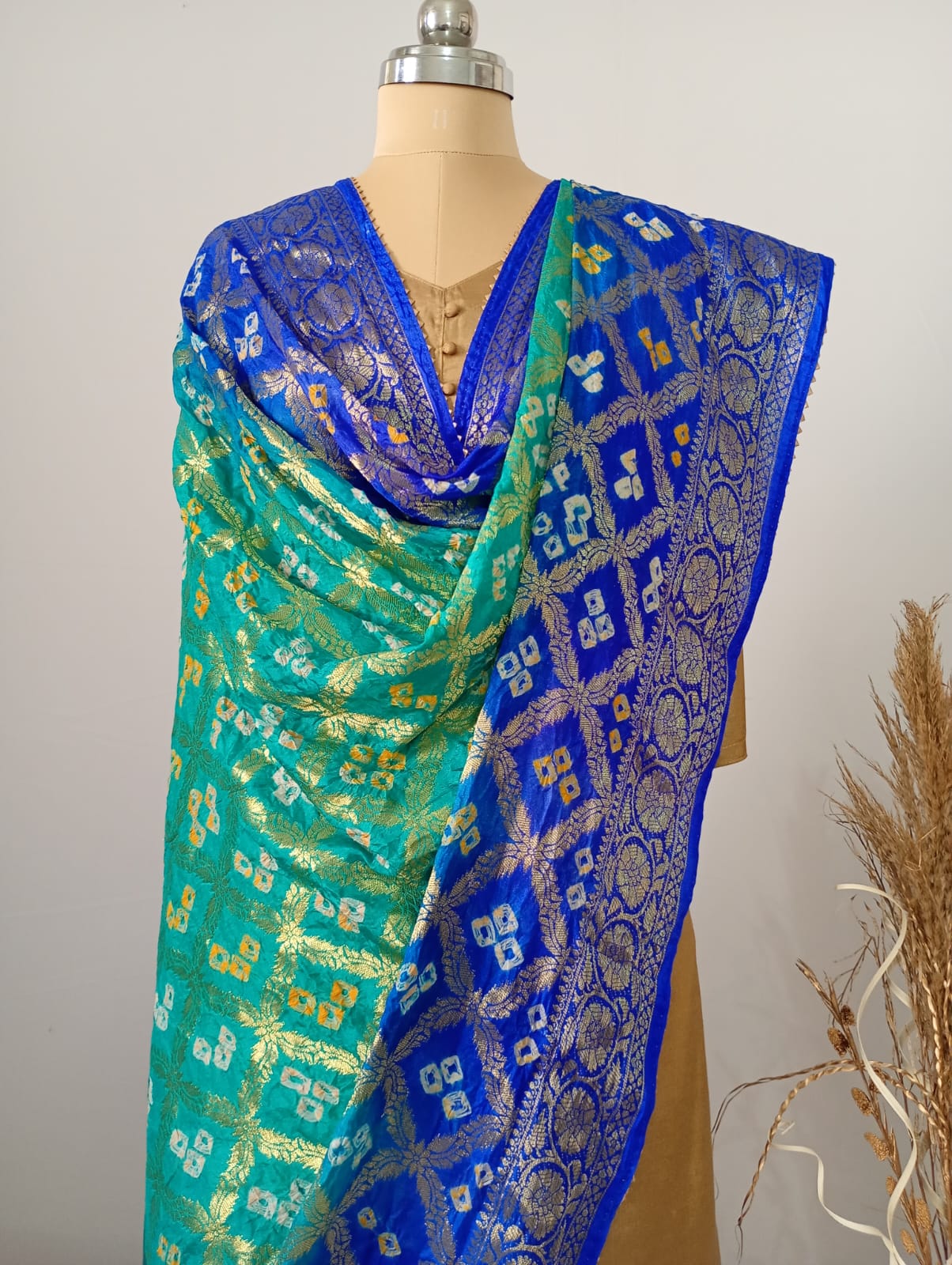 Pure Silk Gharchola Dupatta in Turquoise and Royal Blue
