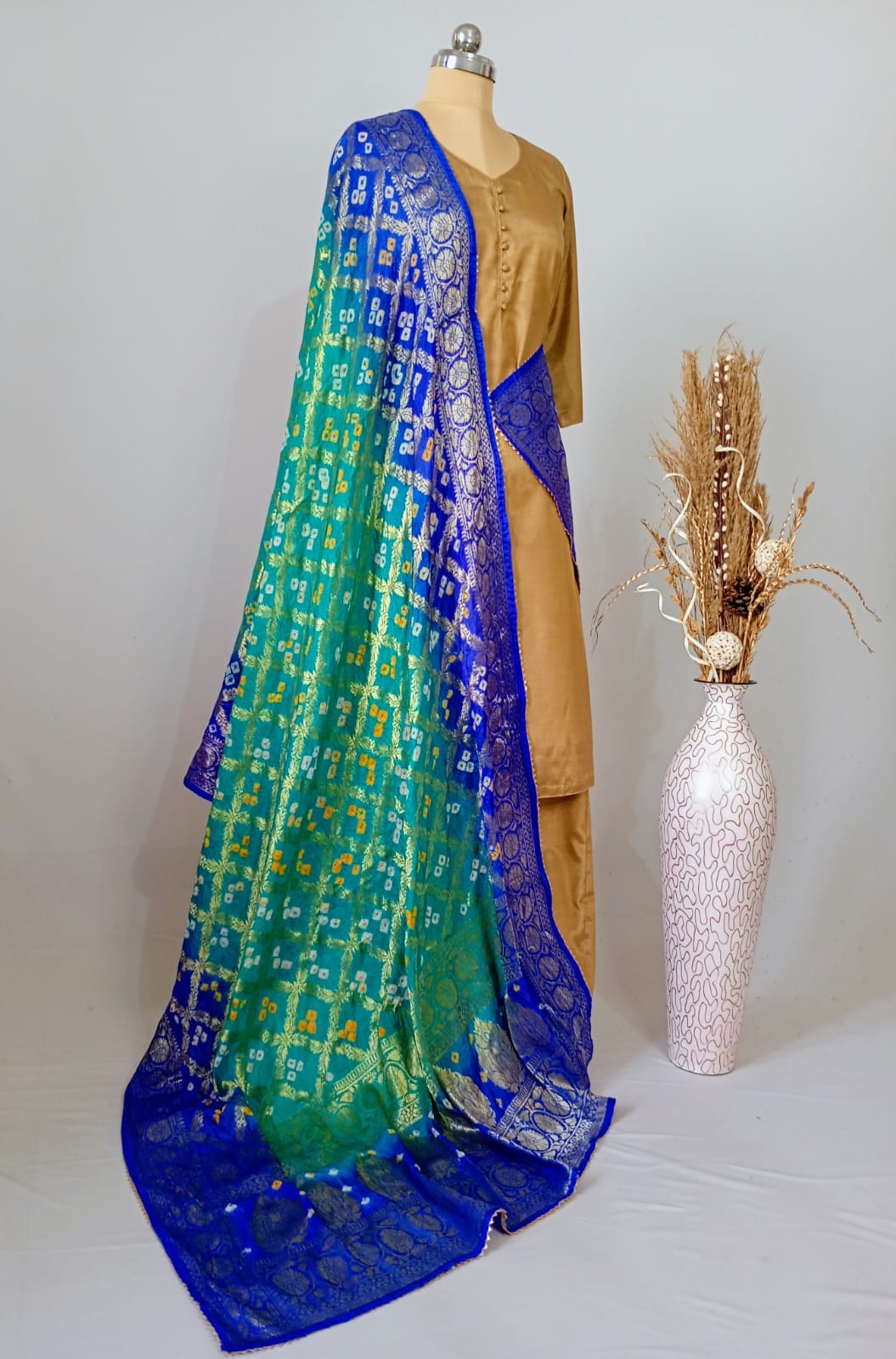Pure Silk Gharchola Dupatta in Turquoise and Royal Blue