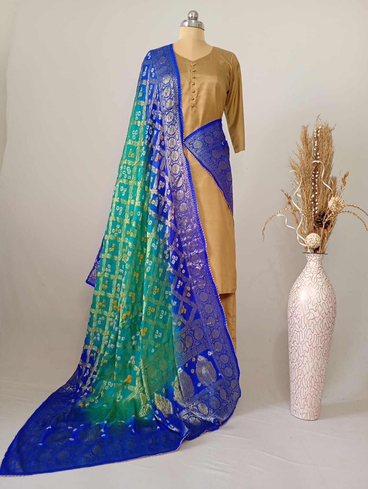 Pure Silk Gharchola Dupatta in Turquoise and Royal Blue