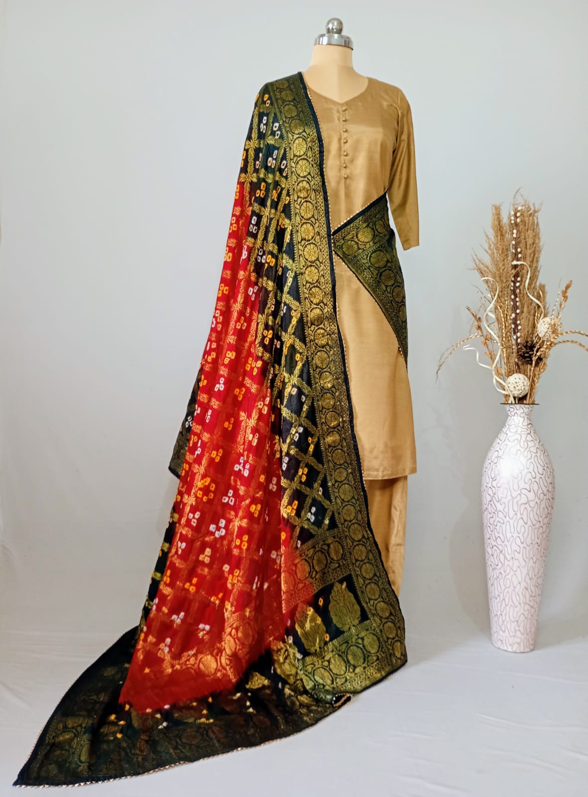 Pure Silk Gharchola Dupatta in Classic Red and Black