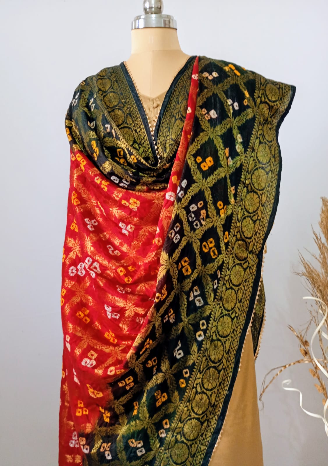 Pure Silk Gharchola Dupatta in Classic Red and Black