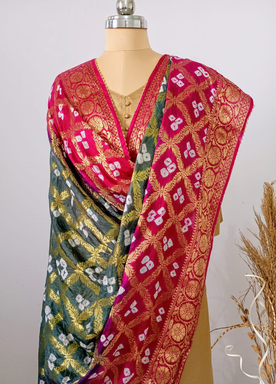 Pure Silk Gharchola Dupatta in Grey and Pink