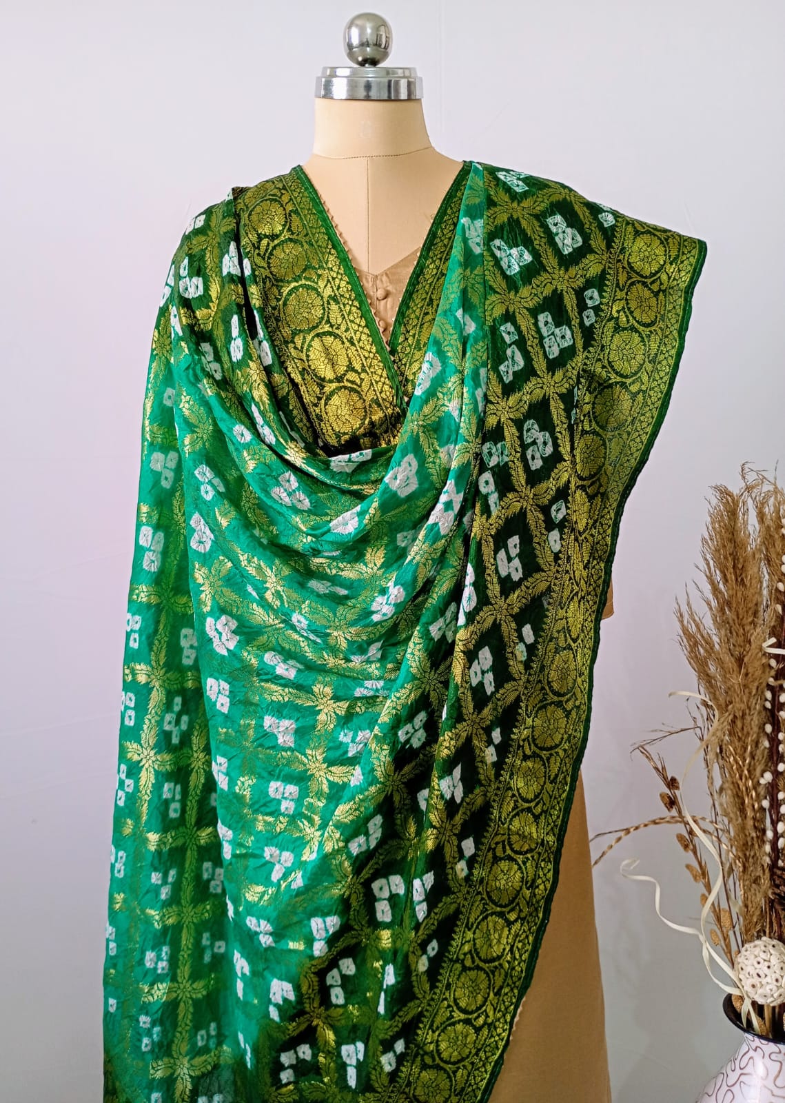 Pure Silk Gharchola Dupatta in Sap Green and Olive